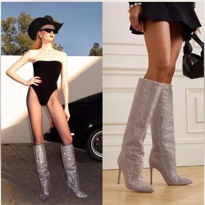 PARIS TEXAS Holly Crystal Embellished Suede Knee
Boots in Neutral. Size 9.5 US